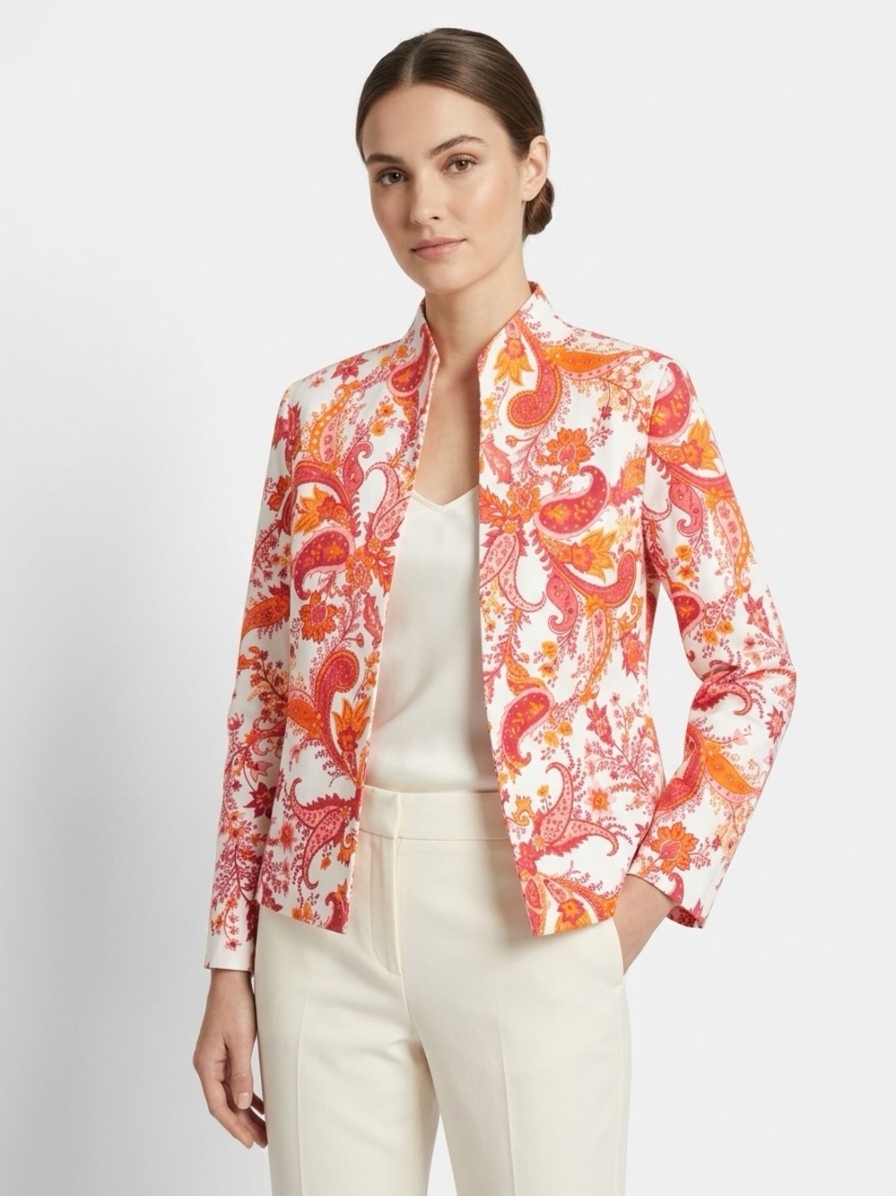 Draper’s & Damon’s Orange Paisley Open Front Jacket Cotton Jeweled Sz 12 office